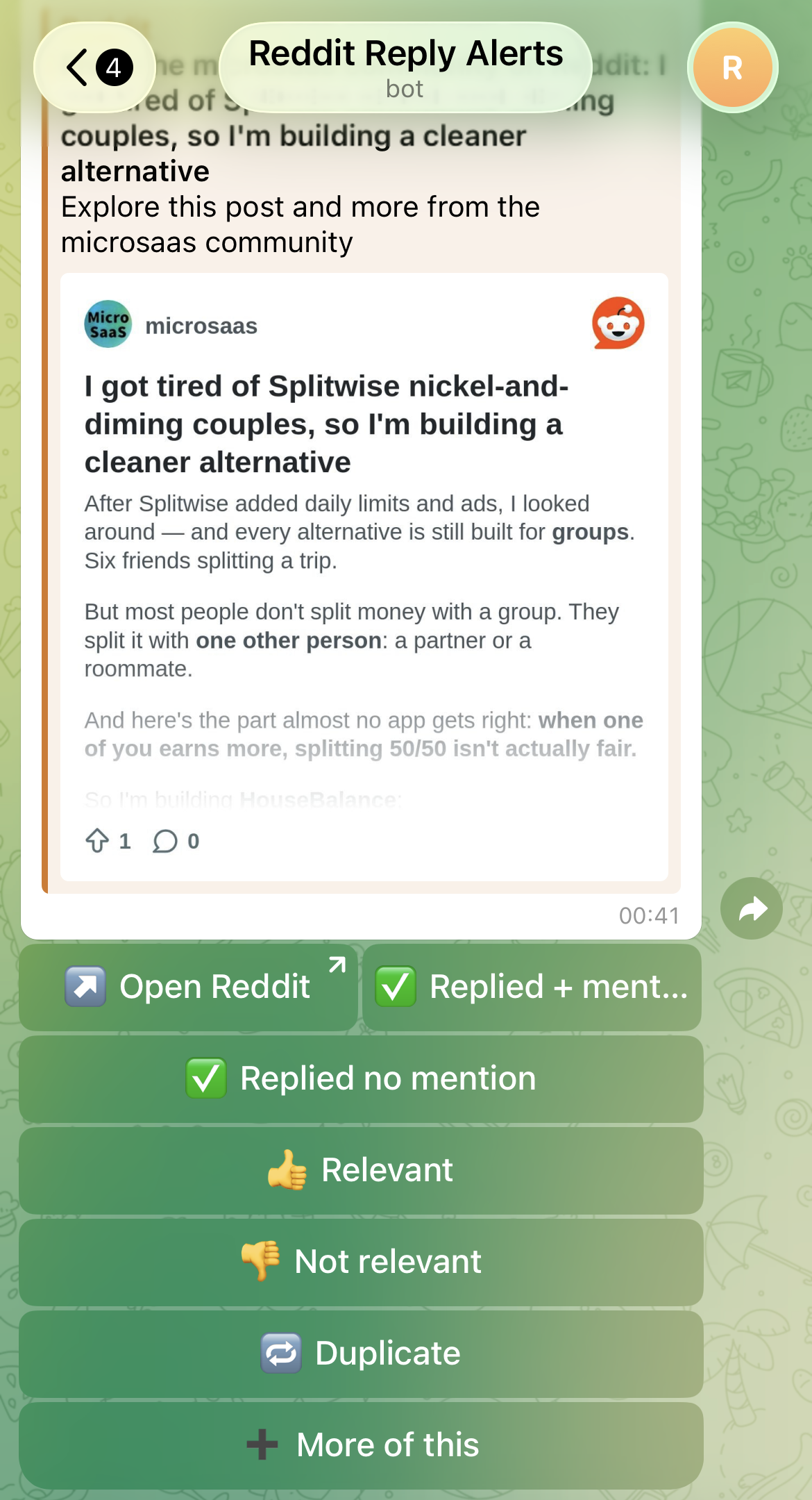 A real ReplyAlerts Telegram alert: a fresh r/microsaas thread with Open Reddit, Replied + mention, and Replied no mention buttons